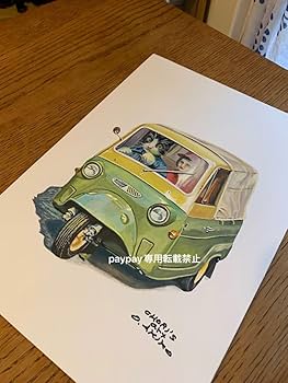 Amazon.co.jp: 絵絵画車レトロ猫ハチワレ原画A4アクリル画手書き